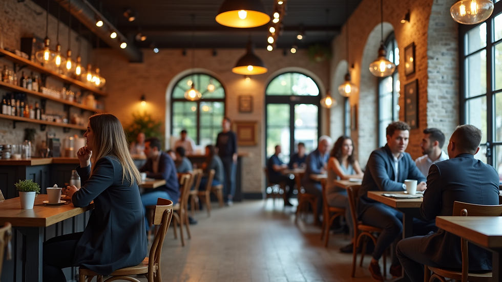 Eye-level view of a cozy coffee shop with customers engaging in conversation