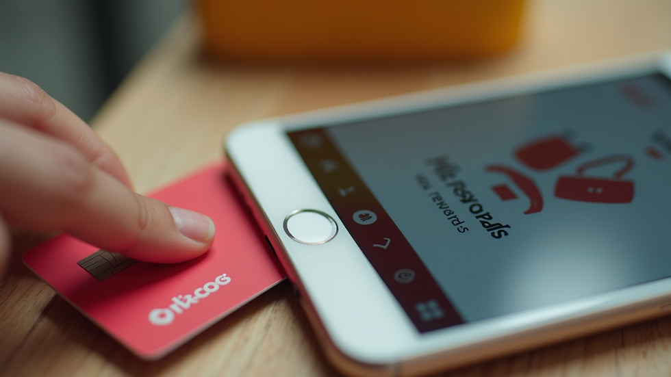 Close-up view of a loyalty card and smartphone showing a rewards app