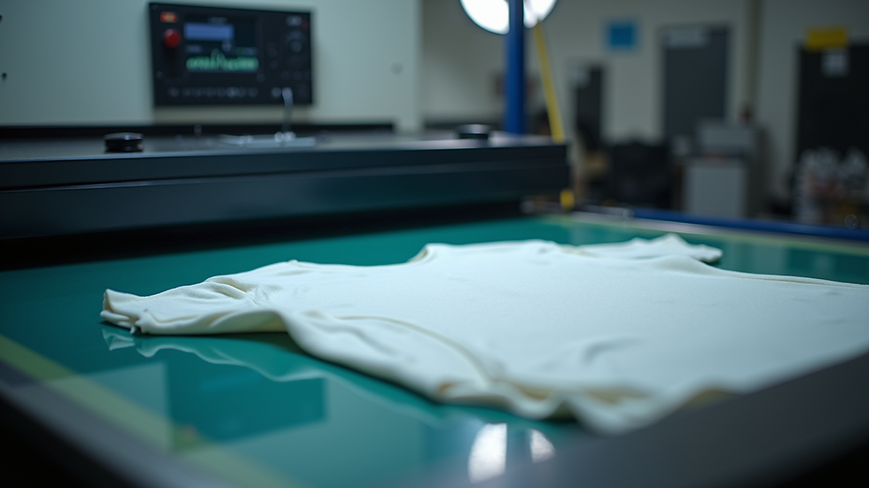 Eye-level view of a screen printing press with a shirt being printed