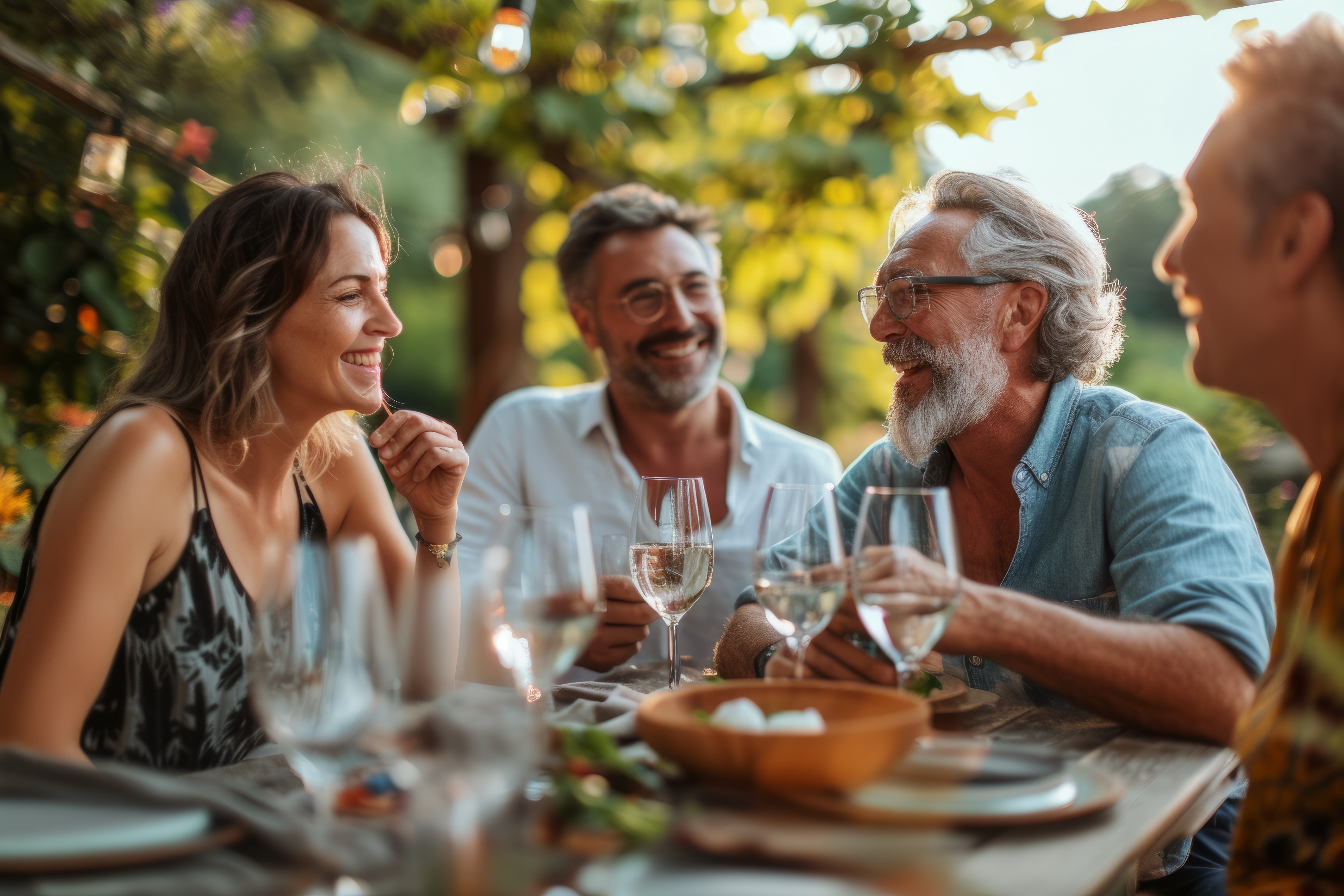 Group of friends and family enjoying laughter and wine