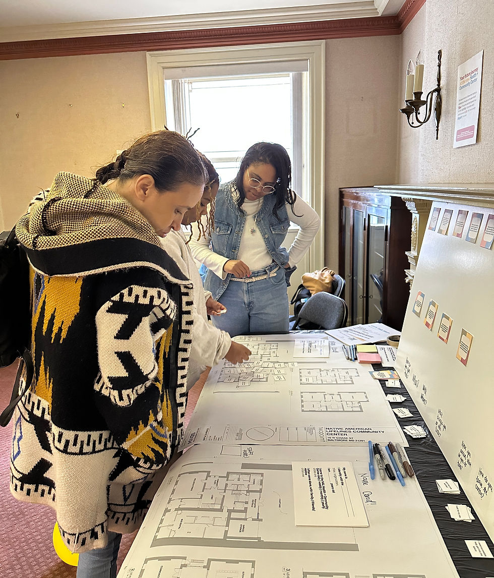 SCRD team members in a design workshop with the Native American Lifeline community, reviewing architectural plans for their new health center in Mount Vernon.