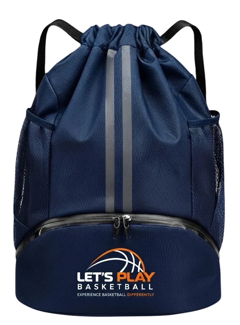 Packshot photography of a navy blue drawstring athletic backpack with a basketball-themed printed logo. The bag features dual vertical reflective strips and side mesh pockets against a dark background.