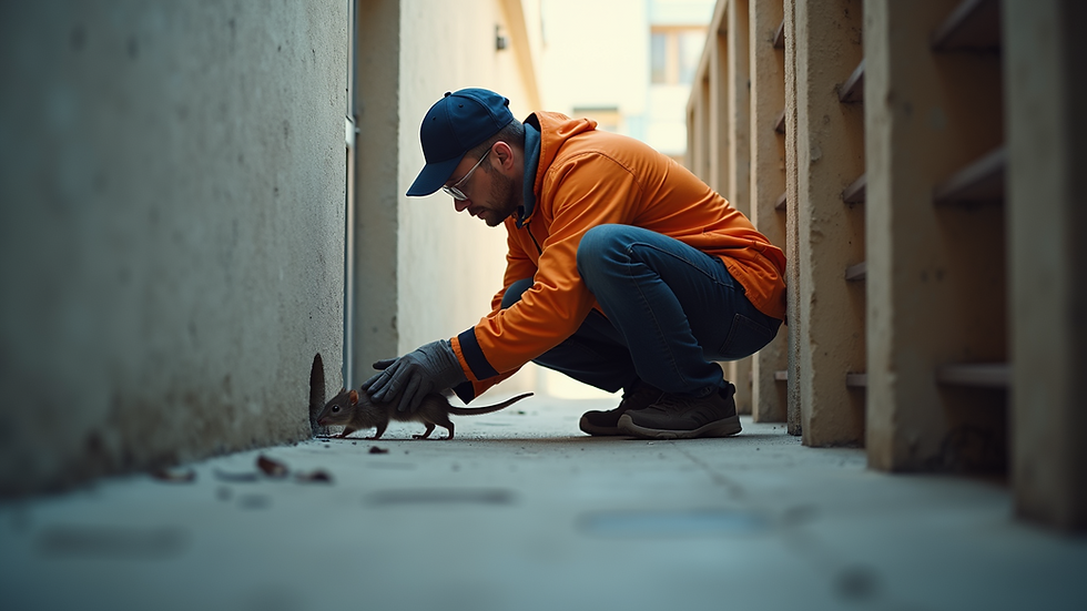 Eye-level view of a professional inspecting a building for rodent entry points