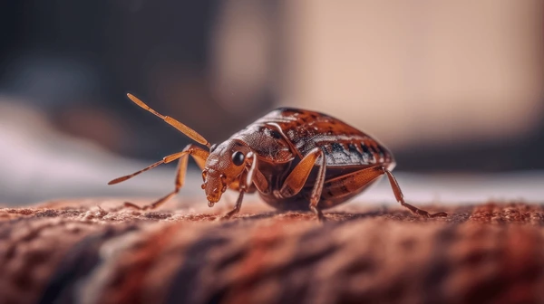 Close-up image of a brown bedbug with visible antennae and segmented body, crawling on a textured surface. The background is softly blurred, highlighting the insect's details.