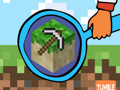 A cartoon hand holding a magnifying glass that is looking at a minecraft block.