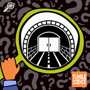 A cartoon hand holding a magnifying glass that reveals a door to an underground lab at the end of a tunnel.