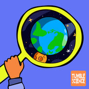 A cartoon holding a magnifying glass showing the Earth colliding with the moon