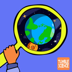 A cartoon holding a magnifying glass showing the Earth colliding with the moon