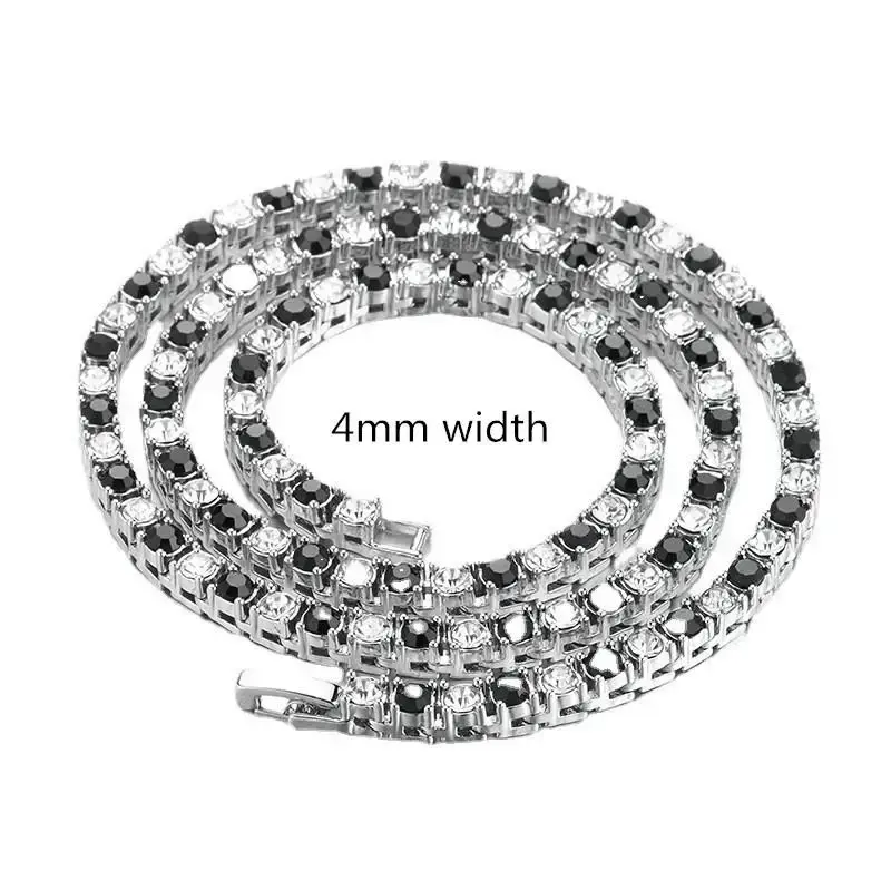 Thumbnail: 4/5mm 1 Row Black White Crystal Cz Stone Tennis Chain Hip Hop Choker Necklace Bl