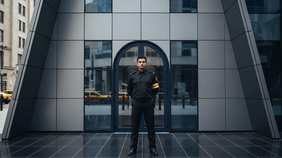 Eye-level view of a security guard standing at a building entrance
