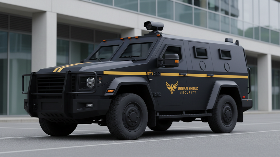 Close-up view of a security vehicle parked near a business complex