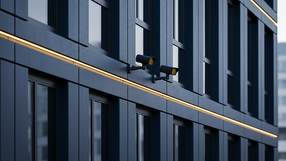 High angle view of security cameras installed on a commercial building exterior