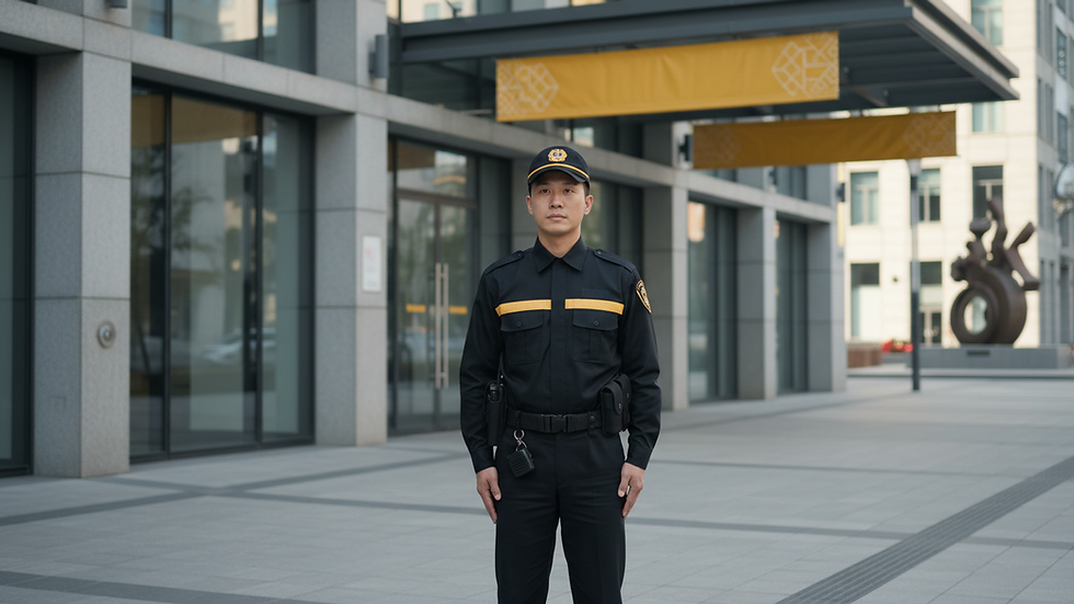 Eye-level view of a security guard standing alert outside a commercial building