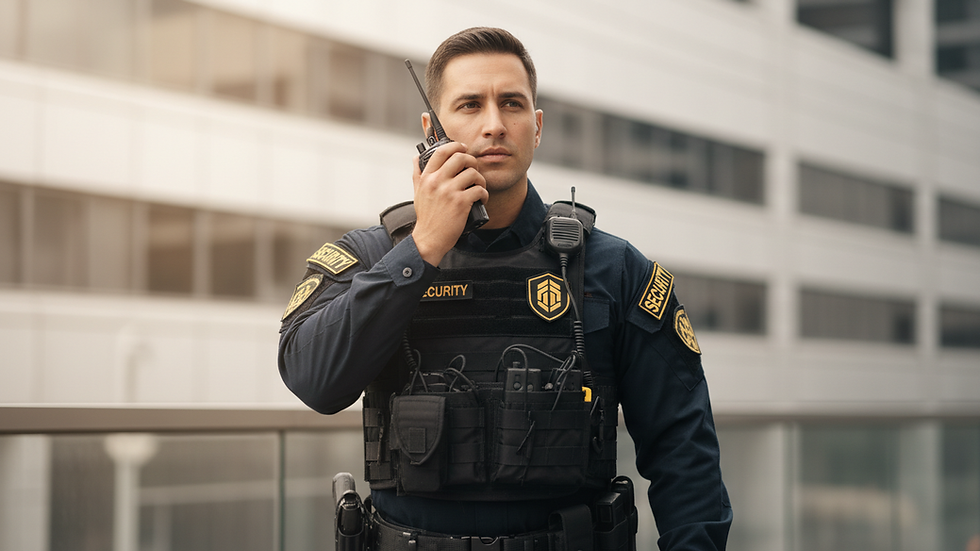 Close-up view of an armed security officer communicating via radio