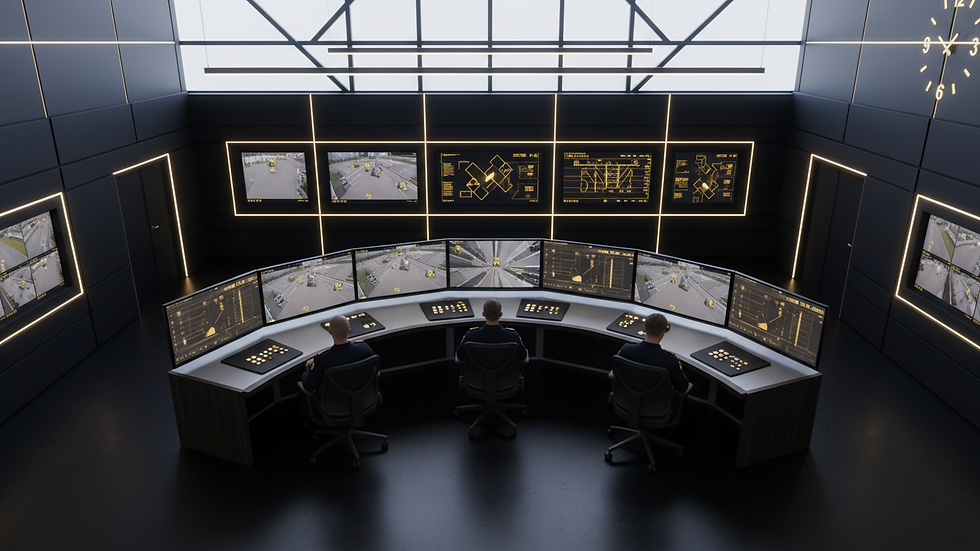 High angle view of a security control room with multiple surveillance monitors