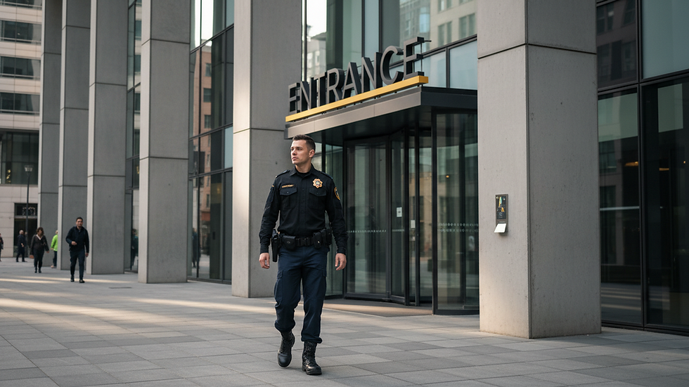 Eye-level view of an unarmed security officer patrolling a commercial building entrance