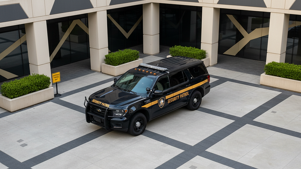 High angle view of a security patrol vehicle parked outside a commercial complex