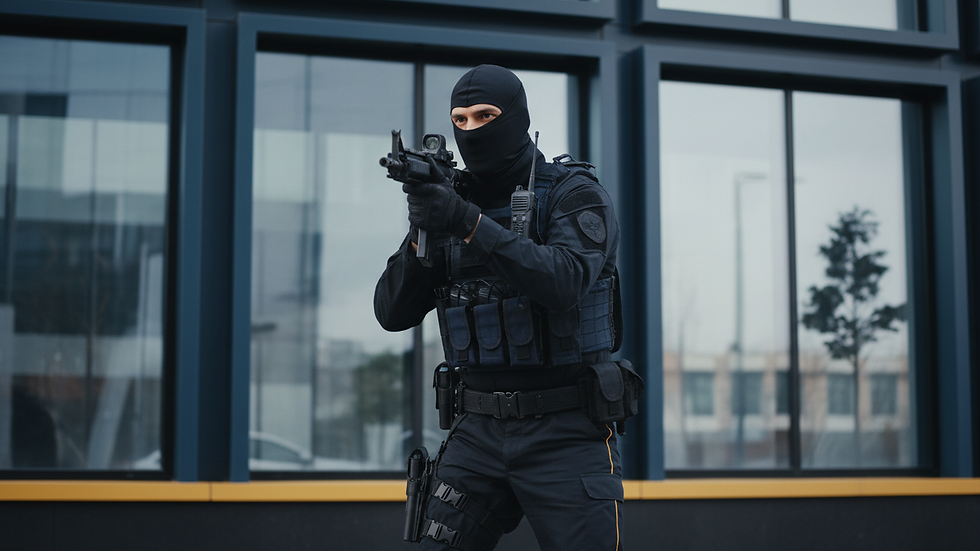Close-up view of armed security guard standing alert at corporate building