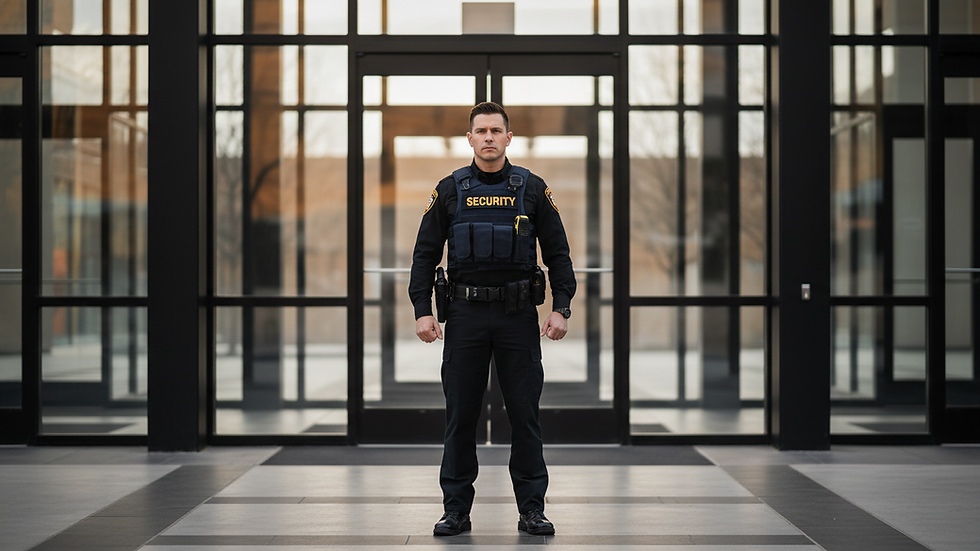 Eye-level view of a security guard standing outside a commercial building