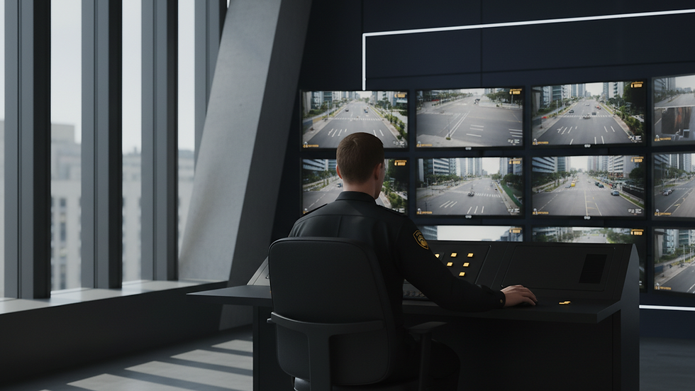 Eye-level view of security guard monitoring surveillance screens