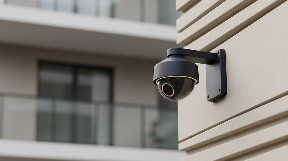 Close-up view of a modern security camera installed on a residential building