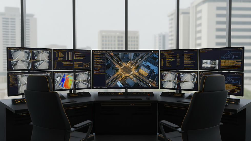 Close-up view of security control room with multiple monitors