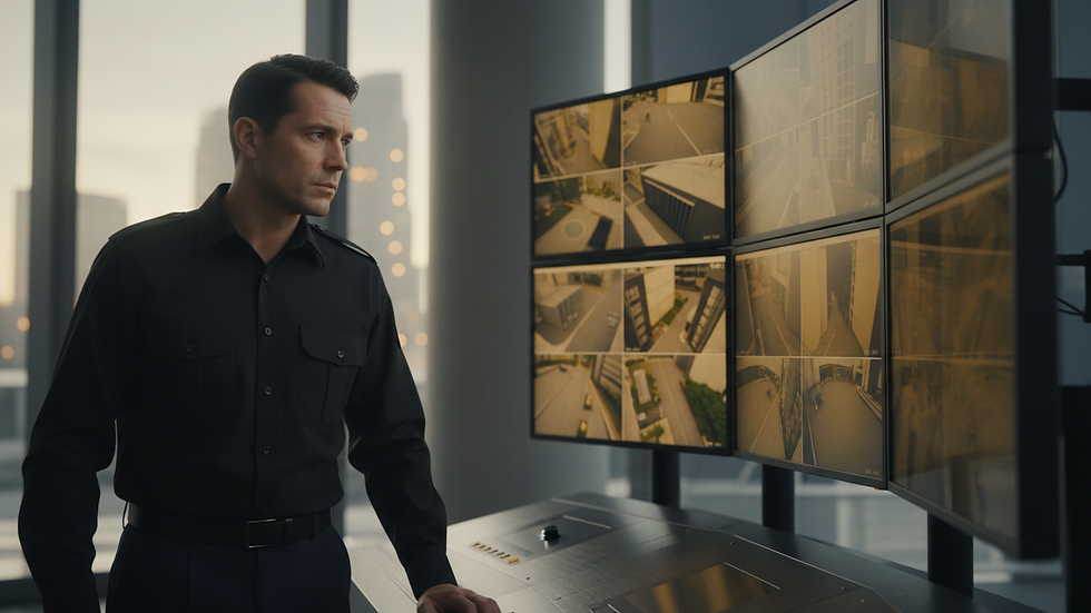 Close-up view of security officer checking surveillance monitors