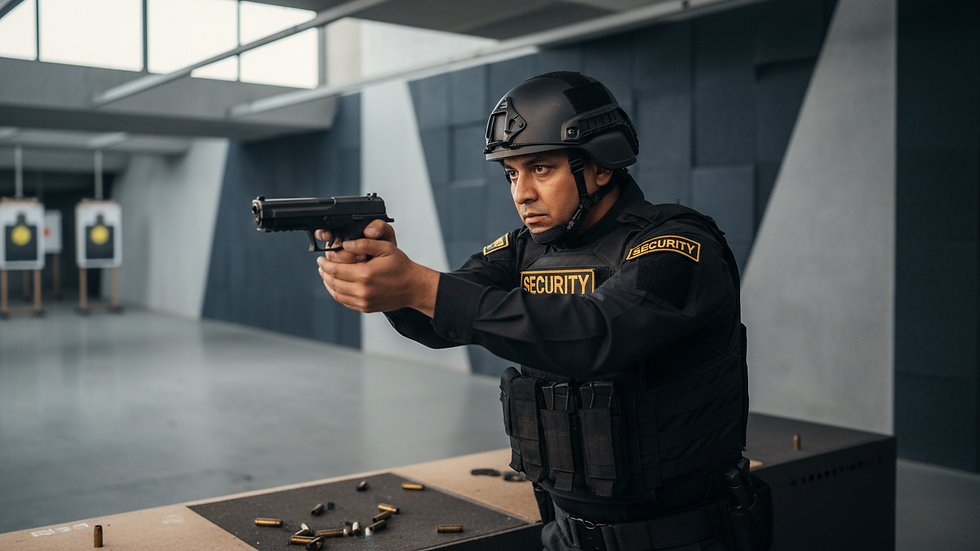 Close-up view of a security guard training with firearms at a shooting range