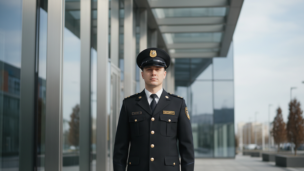 Eye-level view of security guard standing outside a commercial building
