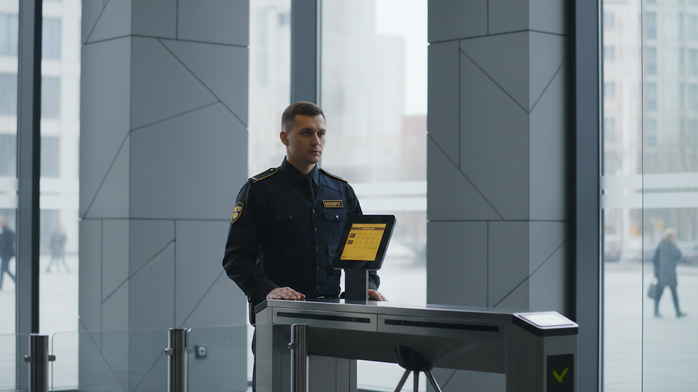 Eye-level view of security guard monitoring access control at building entrance