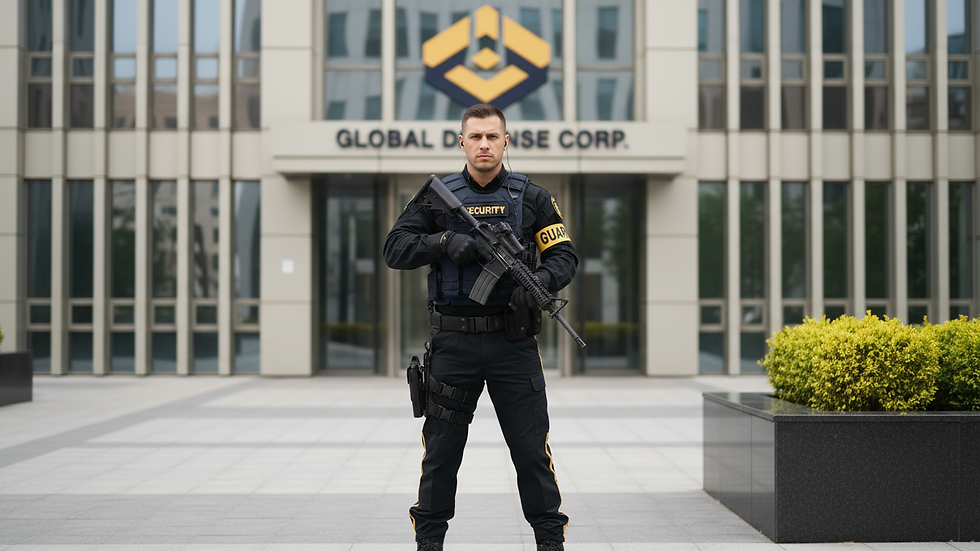 Eye-level view of armed security guard standing outside a commercial building