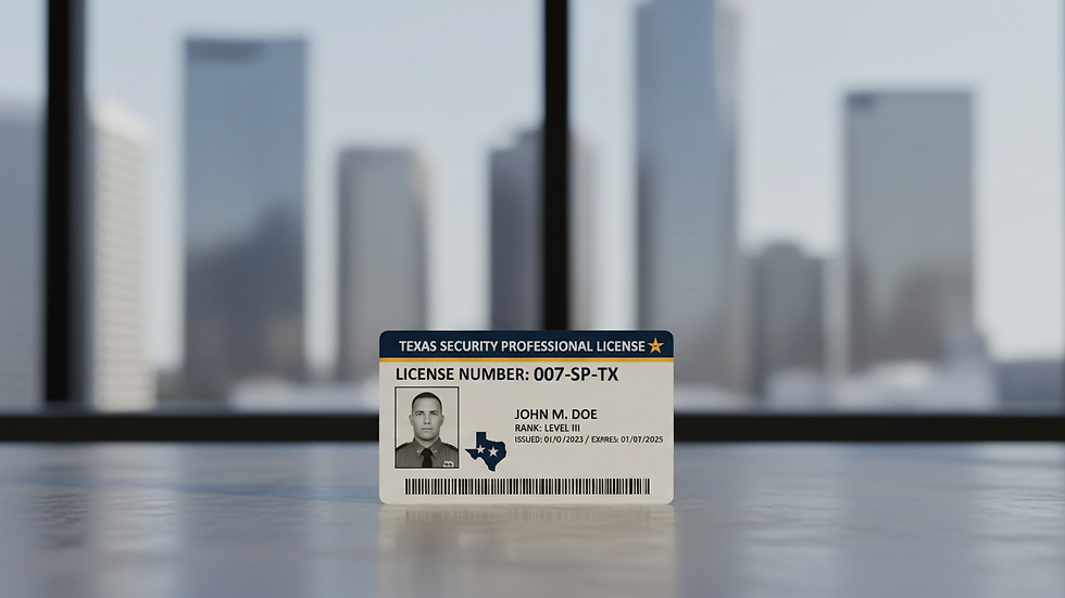 Close-up view of a Texas security license card on a desk