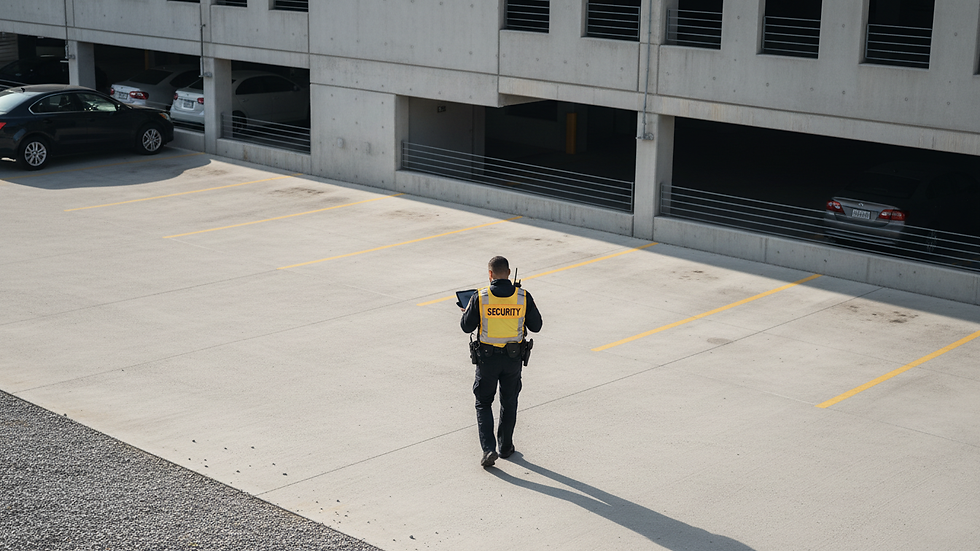 High angle view of a security guard conducting a mobile patrol in a parking lot