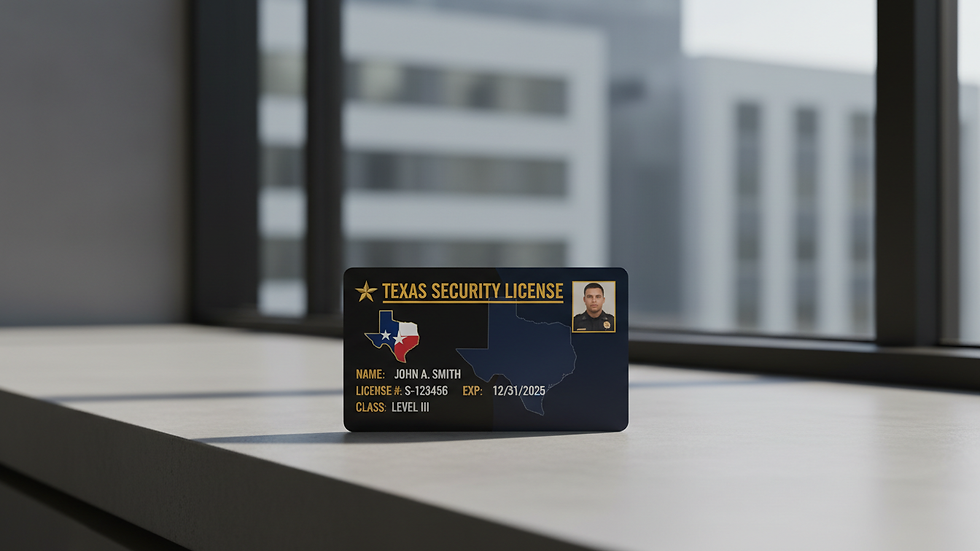 Close-up view of a Texas security license card on a desk