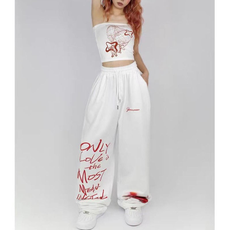 Thumbnail: Black White Drawstring Design Sweatpants Women High Street Hip-hop Wide Leg Pant