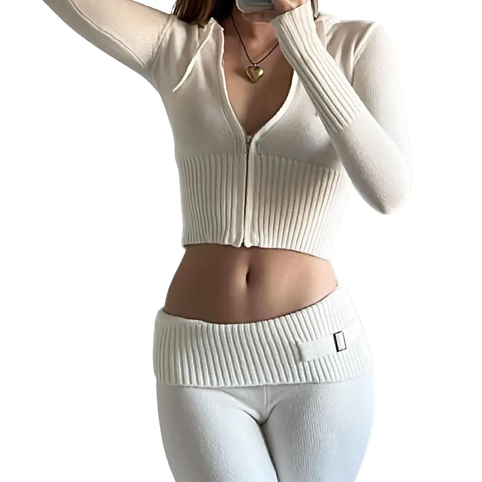 Thumbnail: Fashion Women Ribbed Knit 2 Piece Outfits Long Sleeve Zipper-Up Slim Fit Hooded 