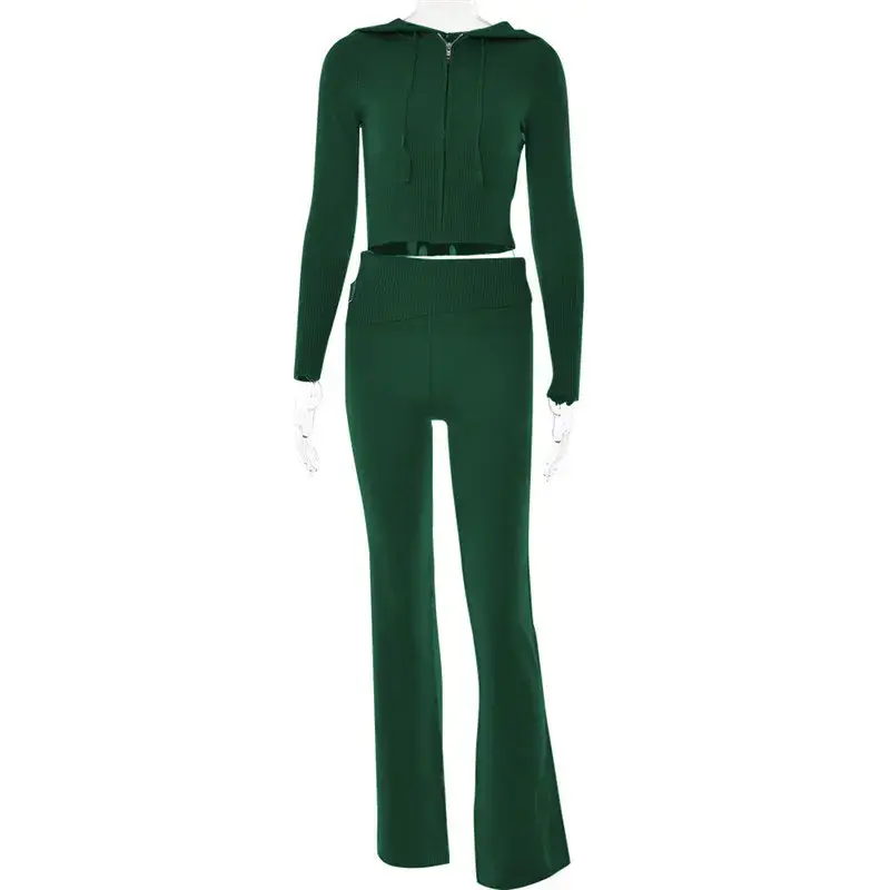 Thumbnail: Fashion Women Ribbed Knit 2 Piece Outfits Long Sleeve Zipper-Up Slim Fit Hooded 