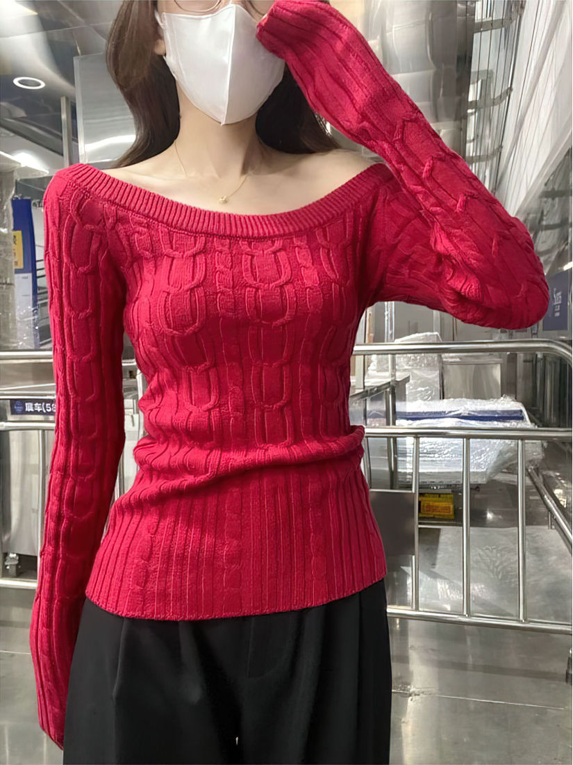 Thumbnail: Casual Off shoulder Rib Knit Sweater Pull Women Long sleeve Top Basic Tees White