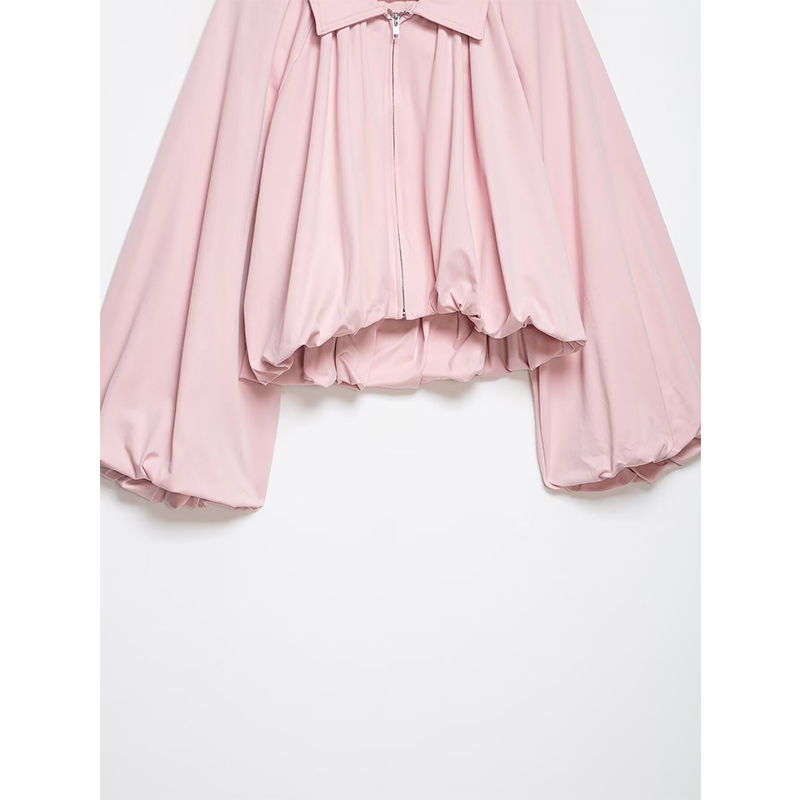 Thumbnail: YENKYE New 2026 Women Pink Puff Sleeve Pleated Bomber Jacket Front Zipper Casual