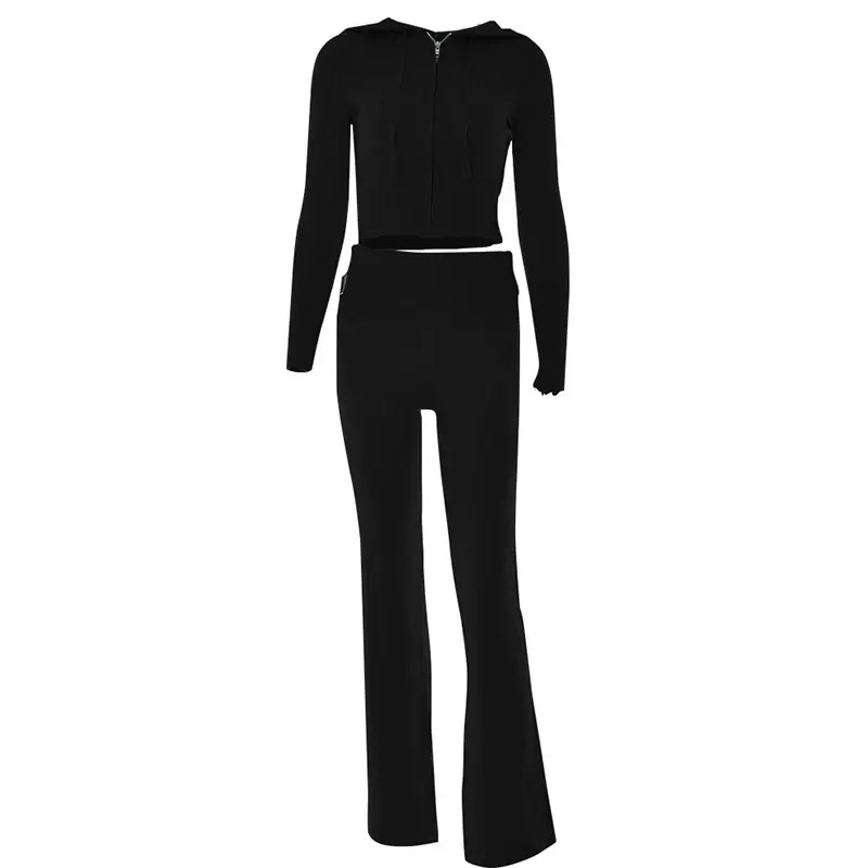 Thumbnail: Fashion Women Ribbed Knit 2 Piece Outfits Long Sleeve Zipper-Up Slim Fit Hooded 