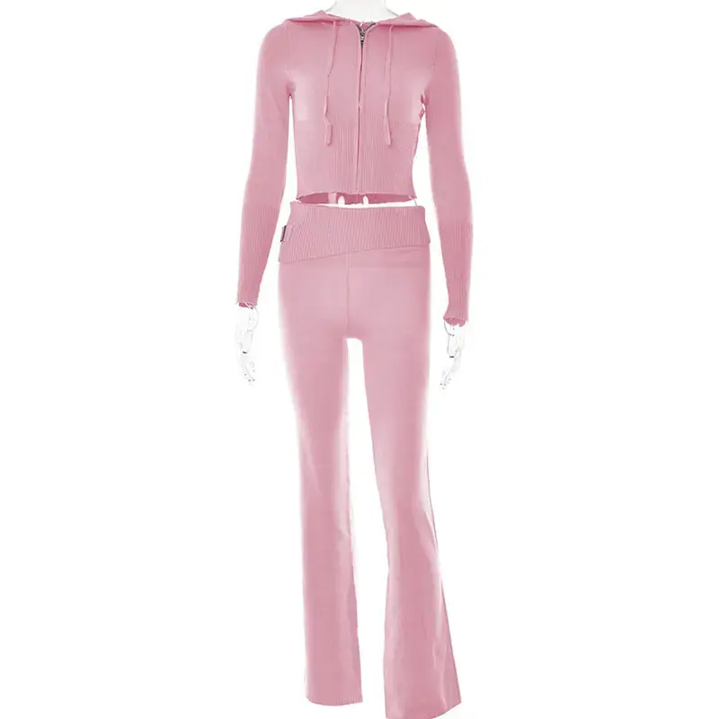 Thumbnail: Fashion Women Ribbed Knit 2 Piece Outfits Long Sleeve Zipper-Up Slim Fit Hooded 