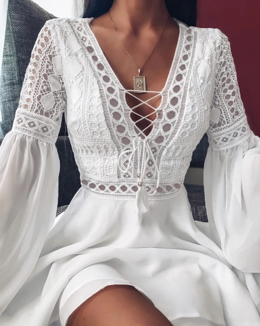 Thumbnail: Women's A Line Dress Short Mini Dress White Black Red Long Sleeve Solid Color Ru