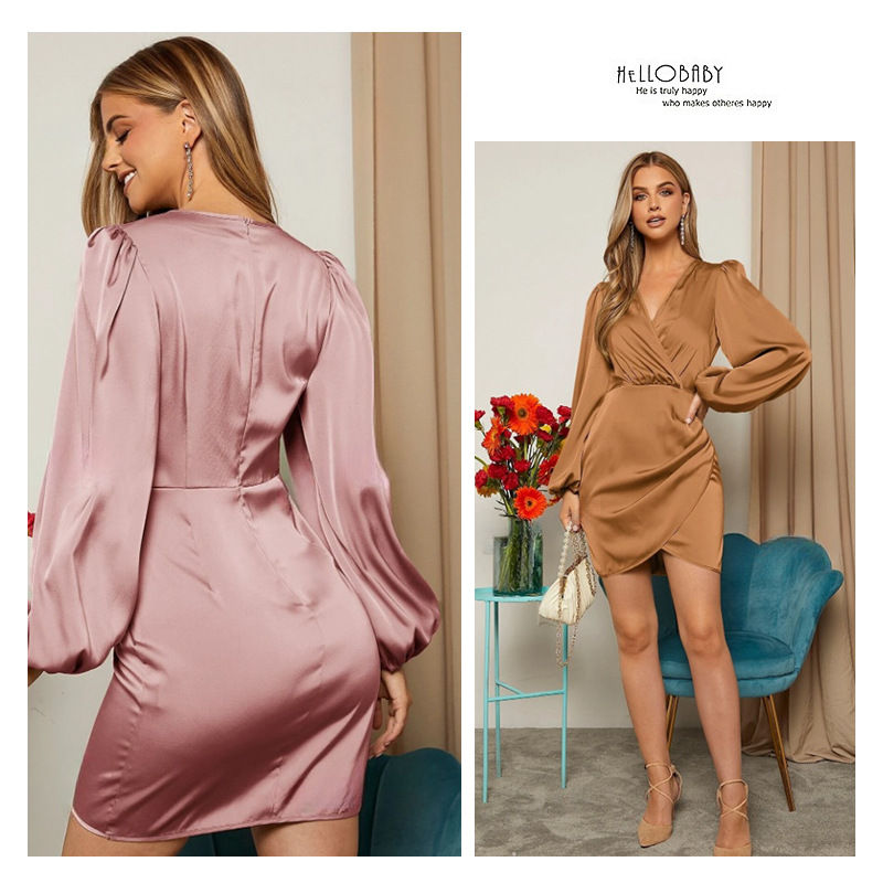 Thumbnail: Cross V Neck Dress Satin Long-Sleeved Dress Amazon Cross-Border Lady Style Slim 