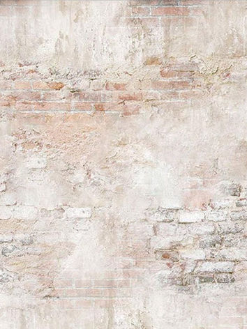 A distressed, light-colored brick wall texture, showing signs of wear and peeling paint.