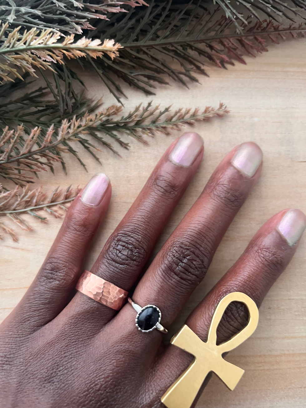 Thumbnail: Black Tourmaline in Quartz Stainless Steel Adjustable Ring