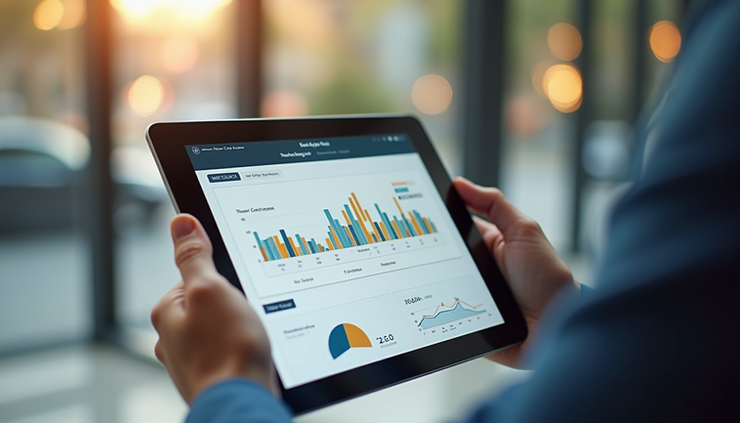 Mittlerer Blick auf ein Tablet mit digitalem Workflow-Interface für Immobilienprozesse
