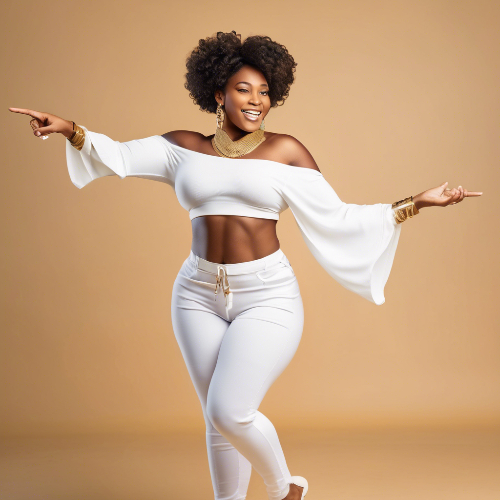 a beautiful african american woman with all white garments on and gold accessories standin