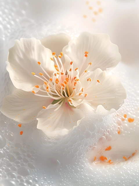 Fleurs blanches poudrées de pigment orangé, matière délicate, fleur d'oranger