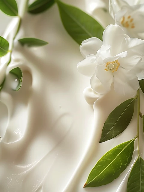Feuillage vert pris dans une crème, masque fleur de jasmin