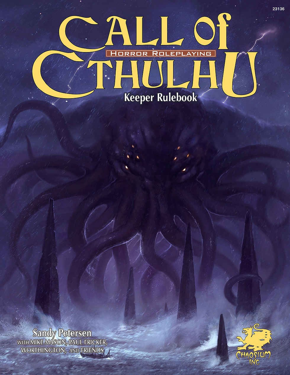 Cover of "Call of Cthulhu Keeper Rulebook" features a giant tentacled creature in a stormy sea, with dark, ominous tones and glowing eyes.